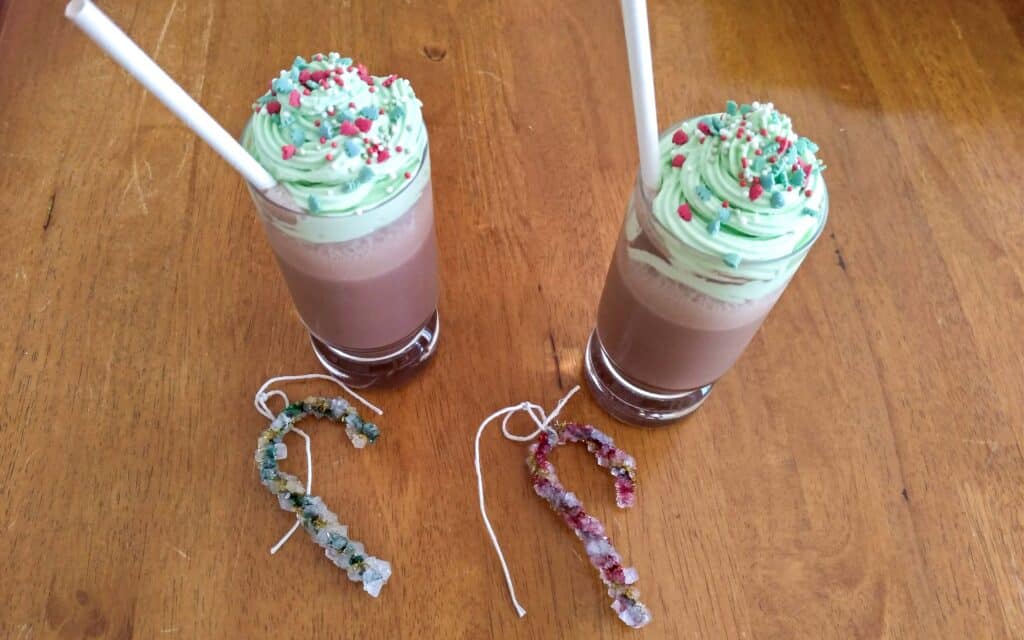 Christmas themed milk shakes and candy cane ornaments